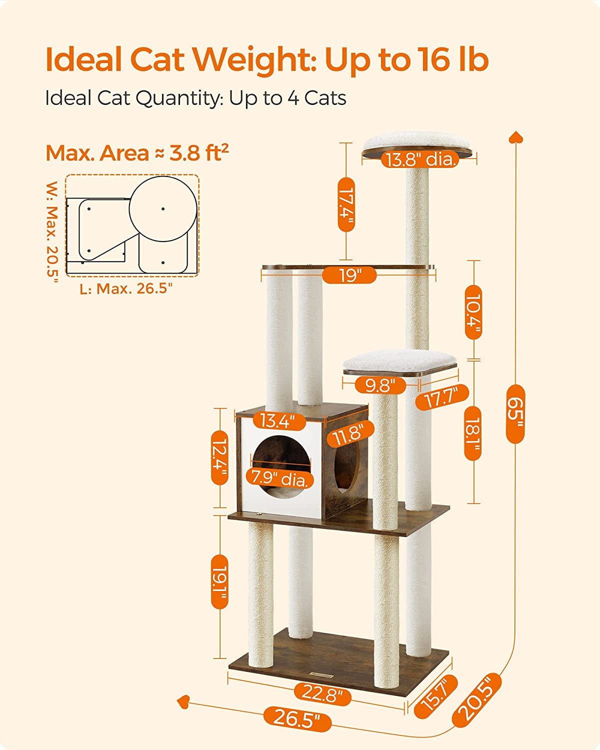 Woodywonders Cat Tree, 65-Inch Modern Cat Tower for Indoor Cats, Multi-Level Cat Condo with 5 Scratching Posts, Perch, Washable Removable Cushions, Cat Furniture, Rustic Brown UPCT166X01
