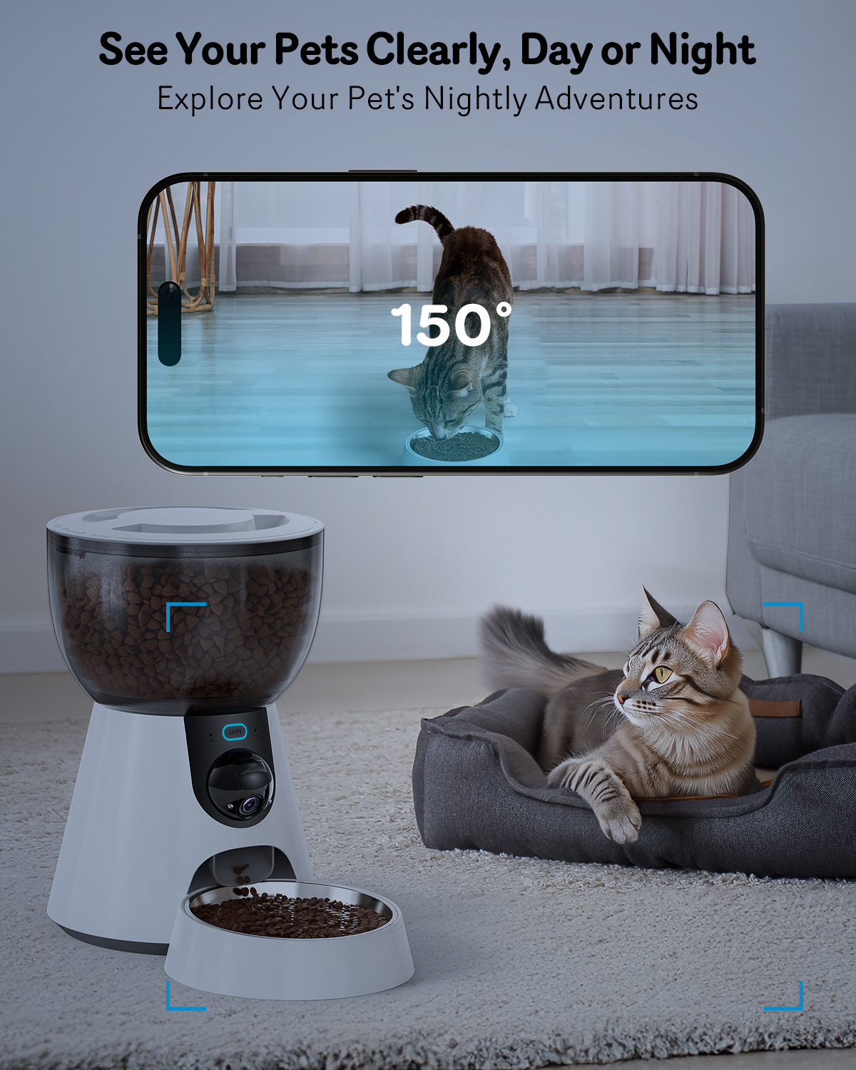 cat is watching hi Smart Cat Feeder with 5G WiFi 1080P HD Video, Night Vision, 2-Way Audio, and Voice Recording